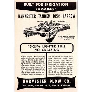 Harvester Plow Co. Harvester Tandem Disc Harrow Pratt KS 1957 Ad SAI2-H12
